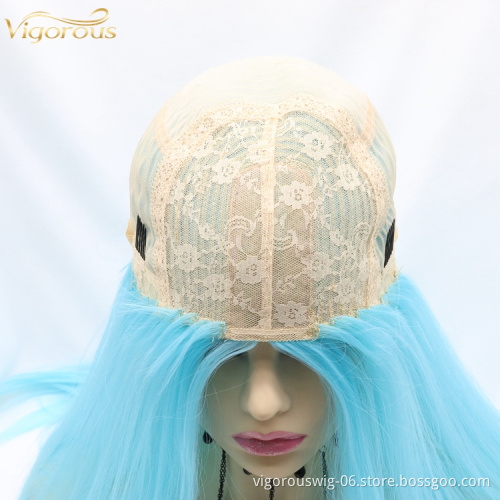 Vigorous high end blue premium fiber wigs cheap wig heat friendly synthetic long straight hair wigs for cosplay